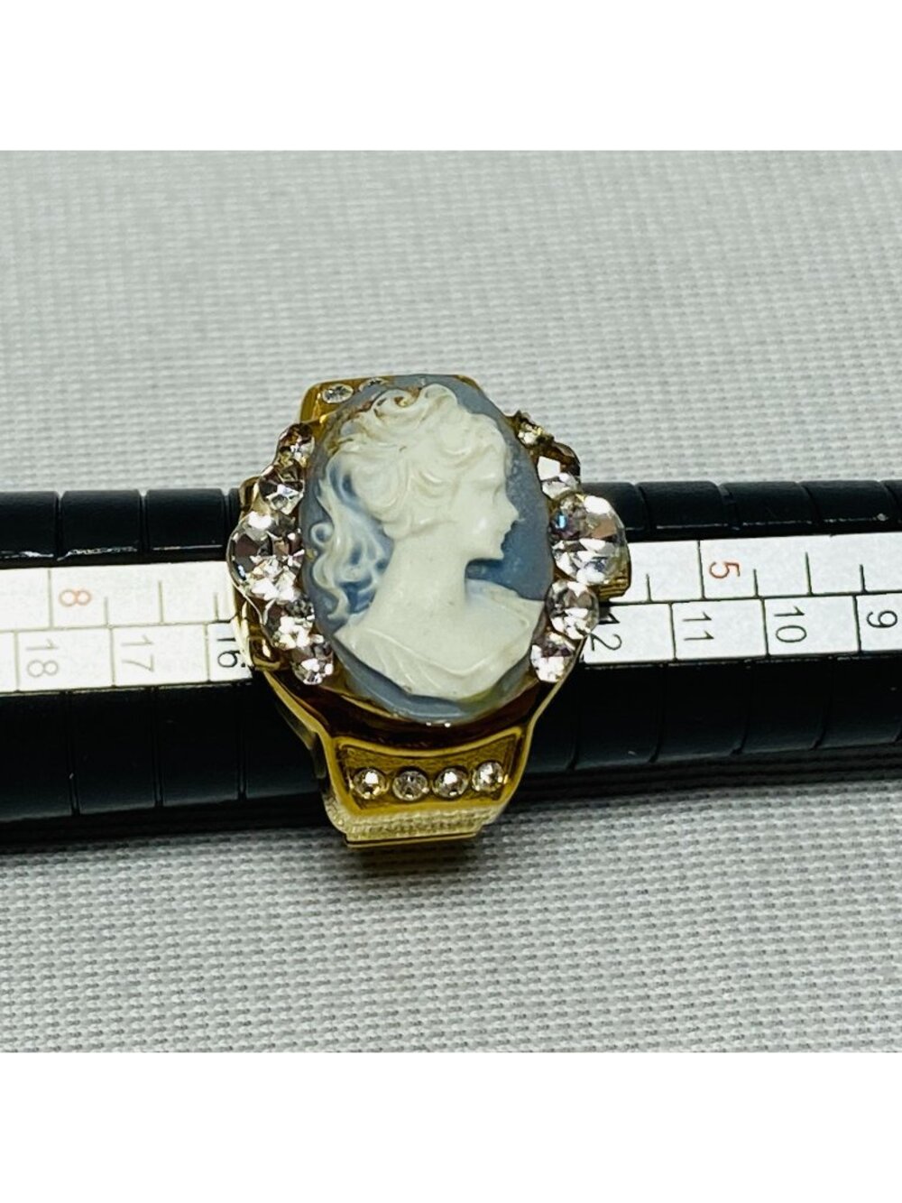 Bonetto Gold-Tone Cameo Ring Watch  Rhinestones & Hidden Cover Quartz Movement